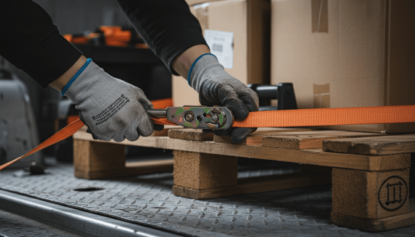 Hände eines Fahrers sichern eine Palette mit Spanngurt im Laderaum