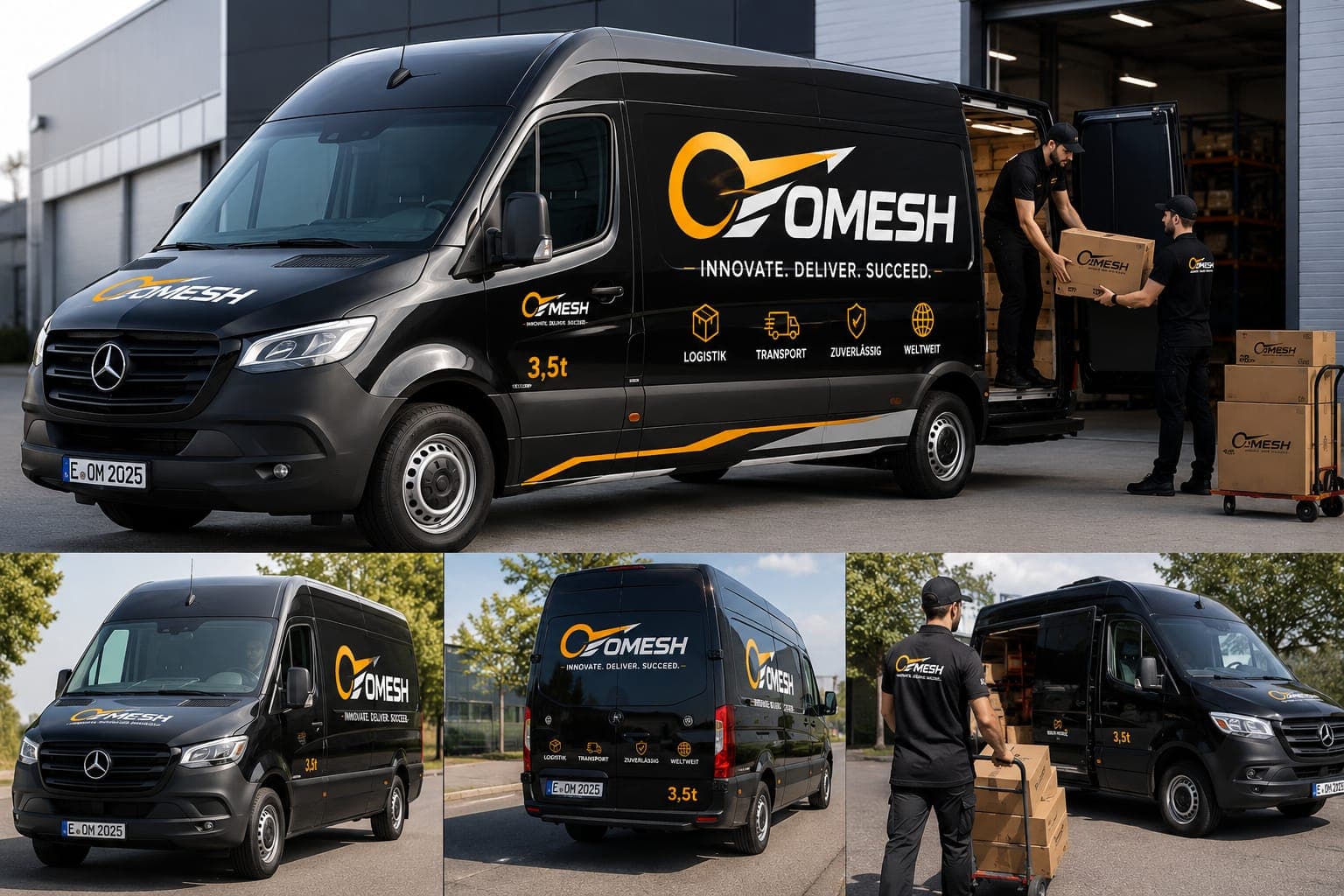 Schwarzer Mercedes-Benz Sprinter von COMESH, Mitarbeiter laden Pakete ein, verschiedene Ansichten des Lieferwagens.