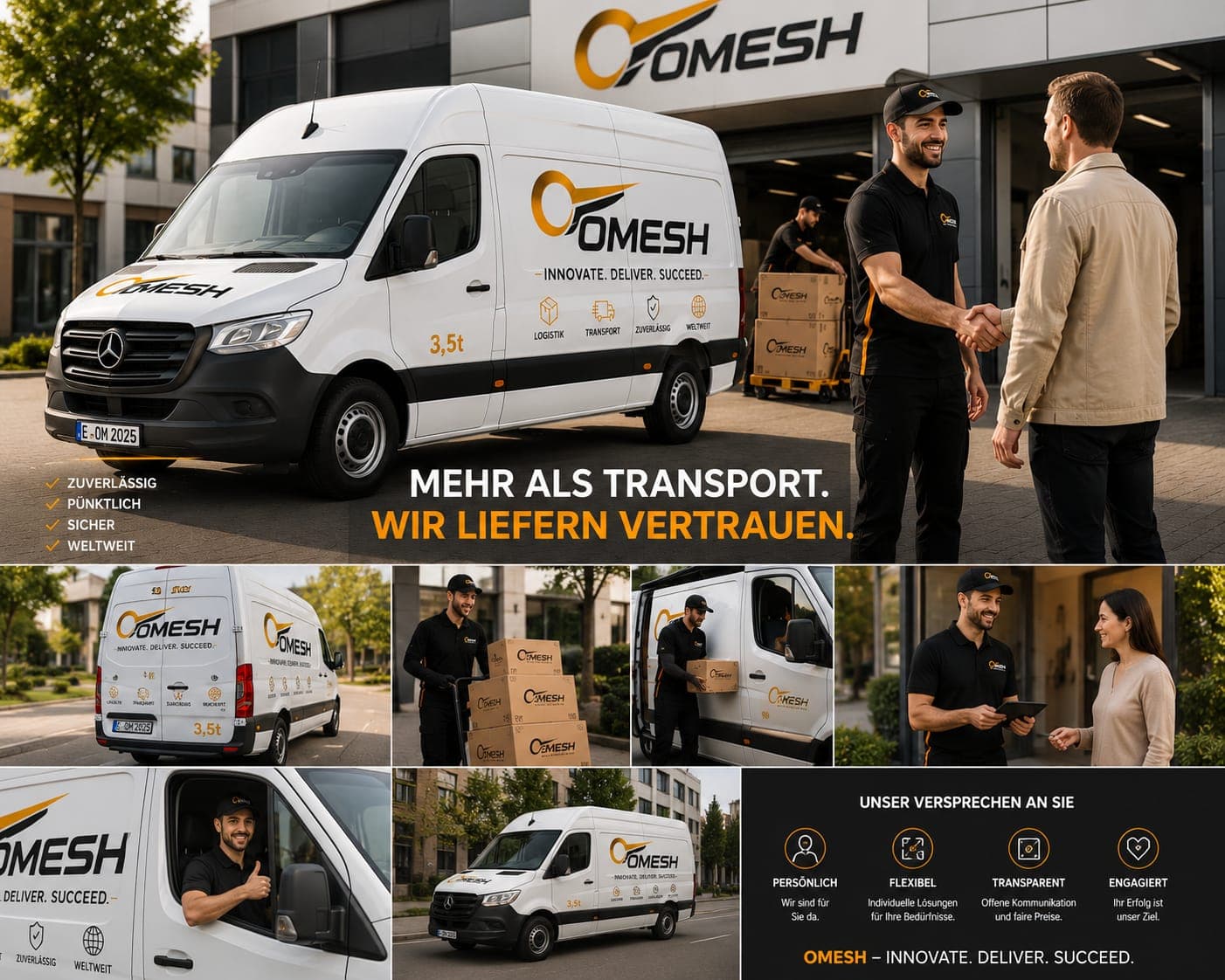 Werbecollage der Firma OMESH zeigt weiße Lieferwagen, Paketzustellung und freundliche Interaktionen mit Kunden.