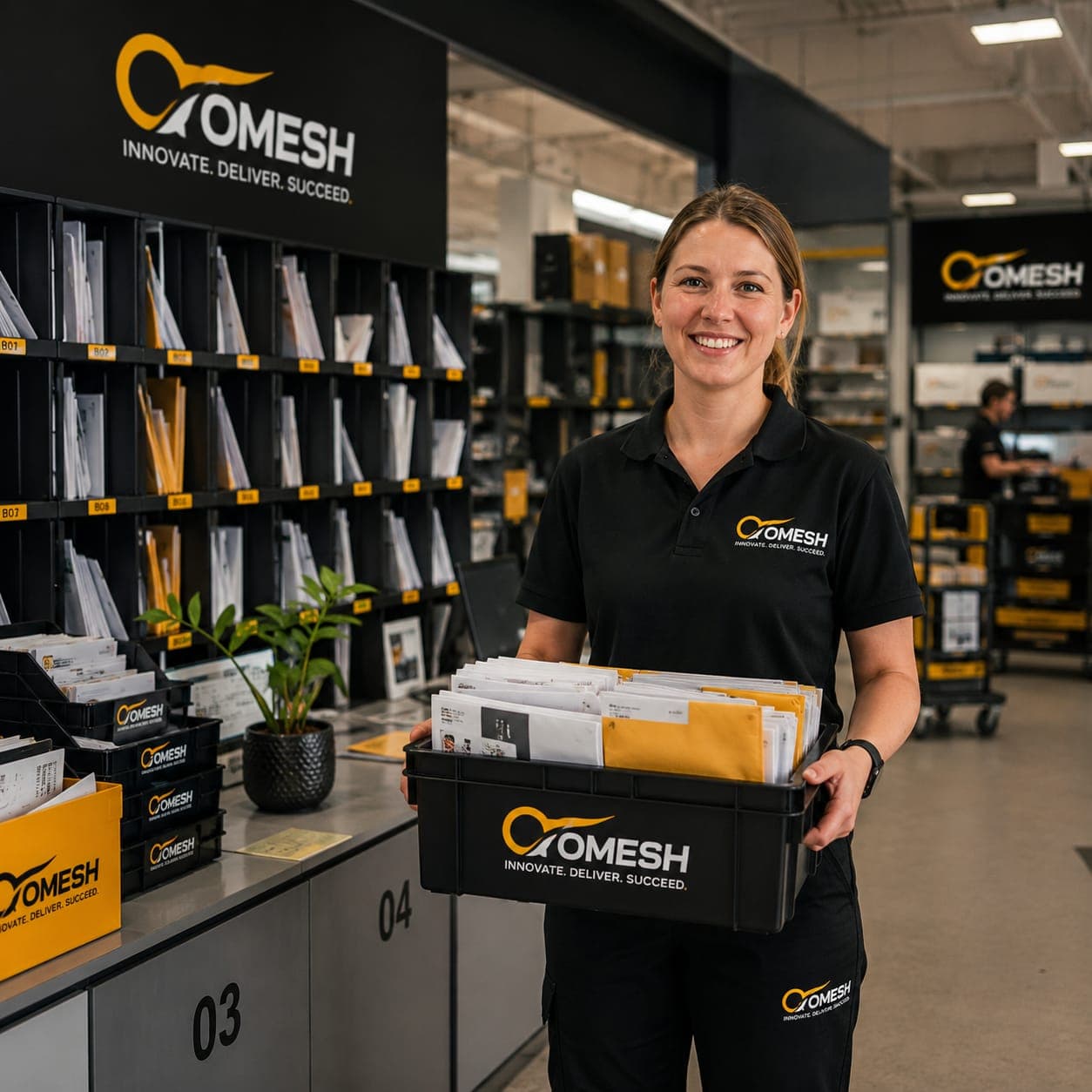 Lächelnde Mitarbeiterin hält eine Kiste voller Post in einem modernen Sortierzentrum mit Comesh-Branding.