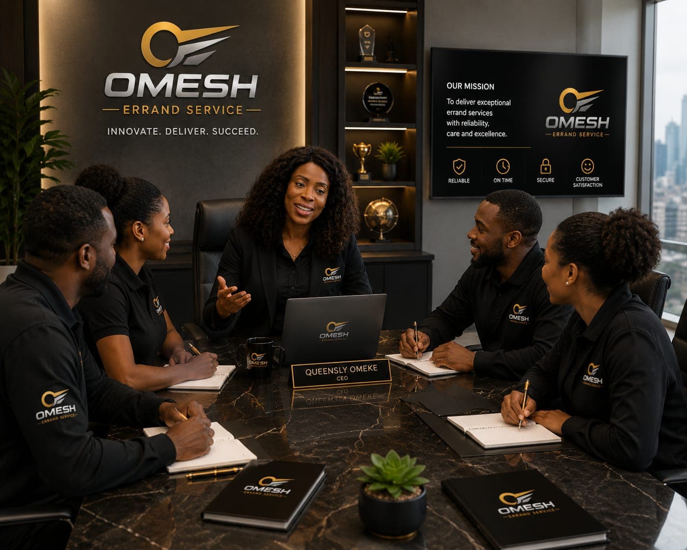 CEO Queensly Omeke leitet eine Teambesprechung in der modernen Zentrale von Omesh Errand Service.