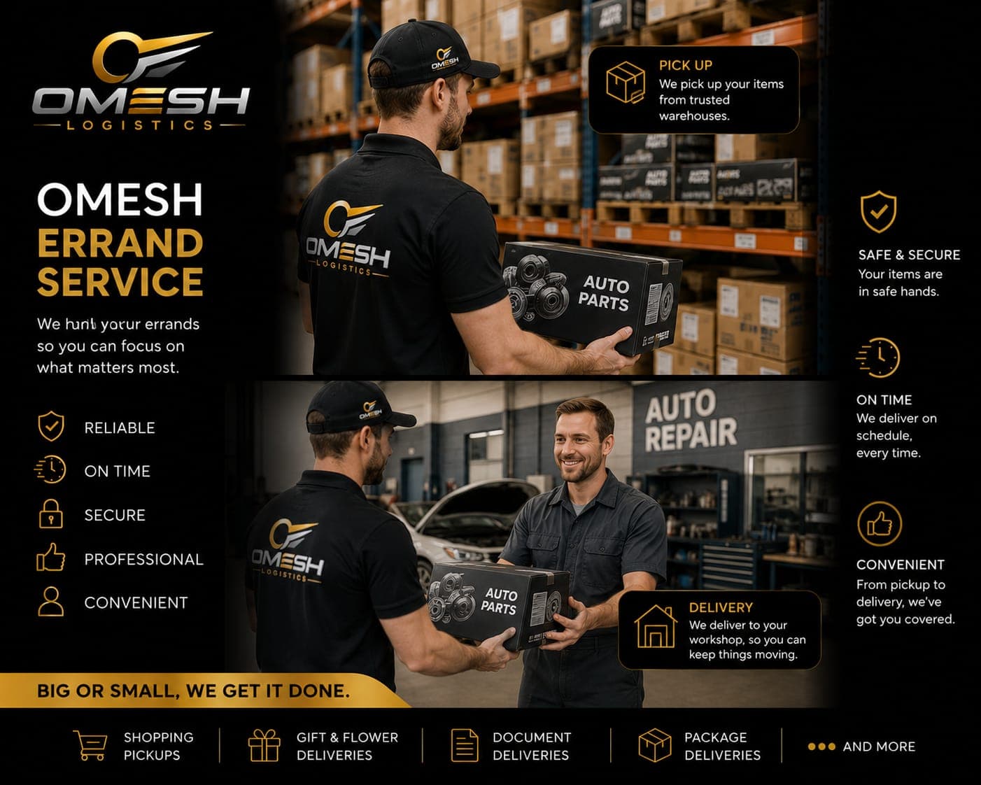 Omesh Logistikmitarbeiter bei der Abholung im Lager und Lieferung von Autoteilen an einen Mechaniker.