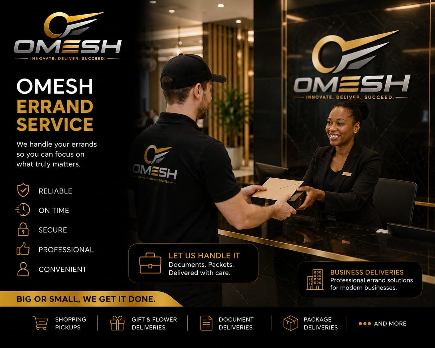 Ein Omesh-Lieferant übergibt ein Paket an eine lächelnde Empfangsdame in einem modernen, eleganten Büro.
