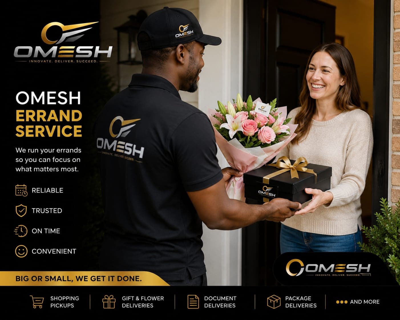 Ein Omesh-Mitarbeiter liefert Blumen und ein Geschenkpaket an eine lächelnde Frau an der Haustür.