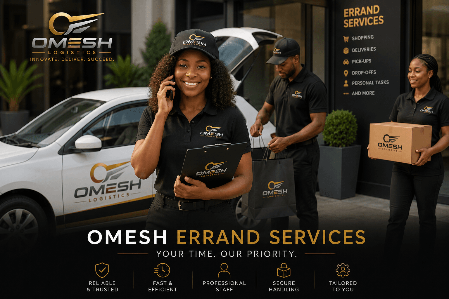 Drei Omesh Errand Services Mitarbeiter in schwarzen Uniformen liefern Pakete mit einem weißen Firmenwagen aus.