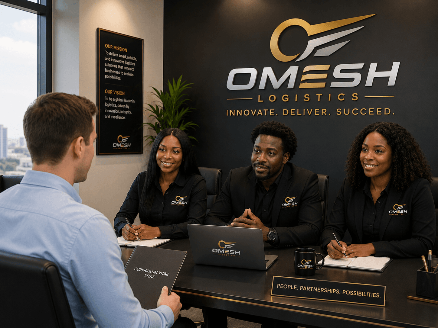 Drei professionelle Interviewer von Omesh Logistics führen ein Vorstellungsgespräch mit einem Bewerber im Büro.