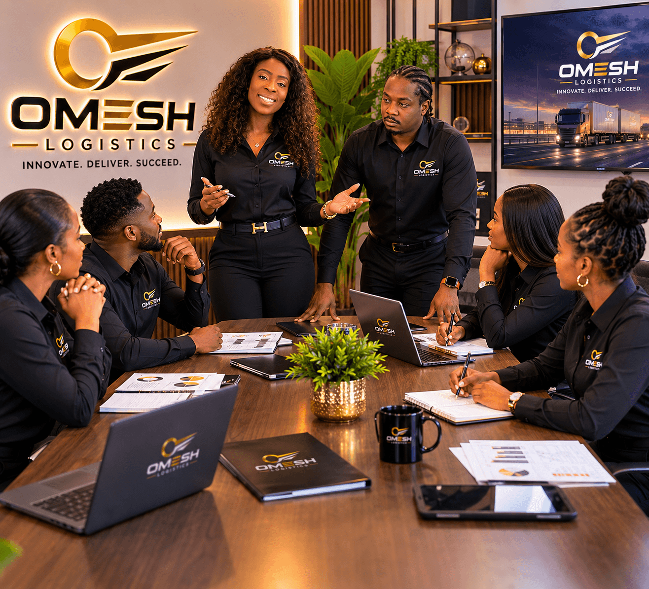 Professionelles Team von Omesh Logistics bei einer Besprechung an einem Konferenztisch in einem modernen Büro.