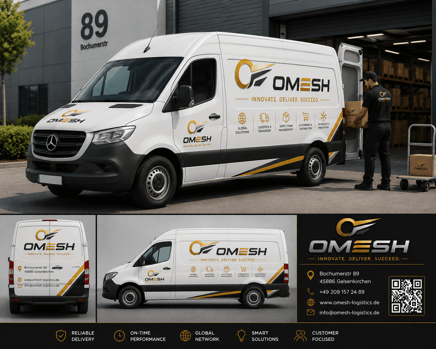 Weißer Mercedes-Sprinter mit Omesh-Branding wird beladen, inklusive Rückansicht, Seitenansicht und Kontaktinformationen des Logistikunternehmens.