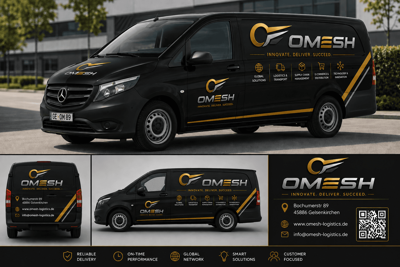 Schwarzer Lieferwagen mit goldenem Omesh-Logo, Slogan und Kontaktdaten in verschiedenen professionellen Perspektiven.